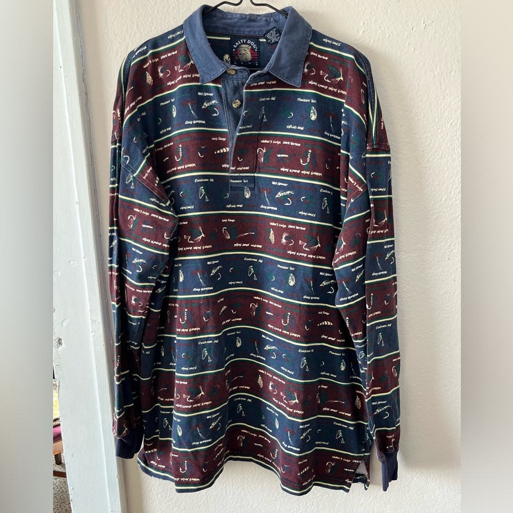 Salty Dog by Gant Men's XL Fishing Lure Navy and Burgundy Patterned Shirt